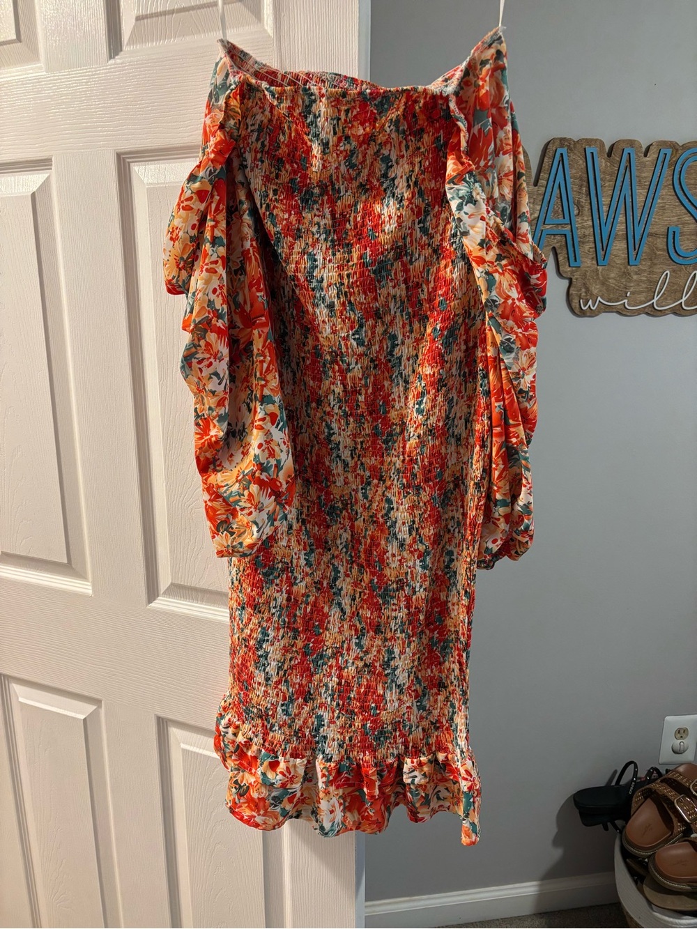 Women’s Pink Lily Orange Floral Bodycon Dress with Ruffle Hem - Size M